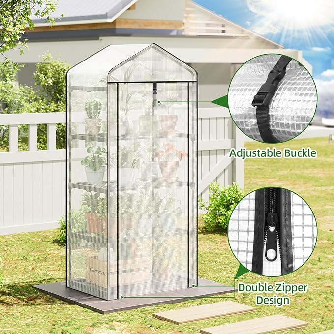 Superlele Mini Greenhouse, 4 Tier Indoor Greenhouse, 19.3x27.2x62in Vertical Plant Green House with Adjustable Shelves, Reinforced White PE Mesh Cover, Heavy Duty Steel Frame for Outdoor