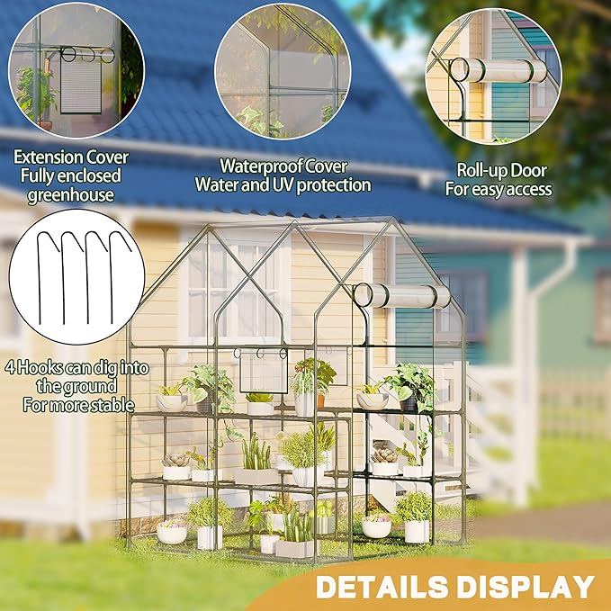 Walk in Greenhouse with Screen Windows & Roll-Up Zipper Door, 56 x 56 x 77'' Plant Green Houses for Outdoors, 3 Tiers 12 Shelves Stands Plastic Portable Small Indoors Warm (Clear)