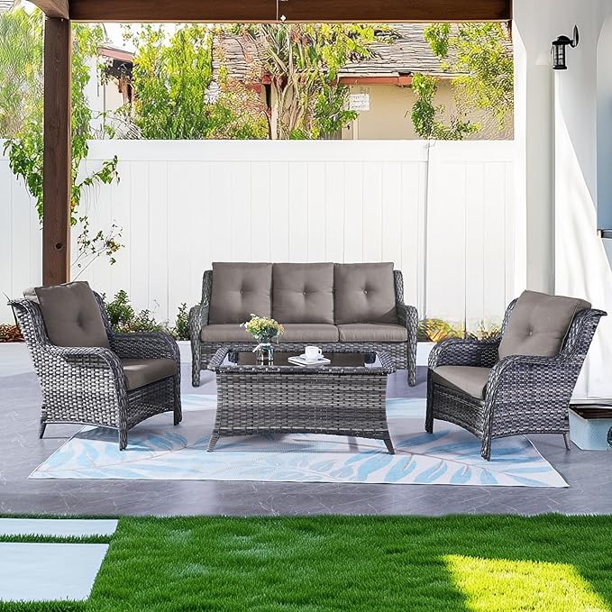 Belord Wicker Furniture 4 Pieces Outdoor Patio Furniture Set Patio Loveseat Sofa Set with Wicker Chairs and Coffee Table, Paito Conversation Set for Porch Garden Deck Balcony Poolside