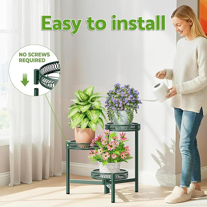 NQW Plant Stand Indoor Outdoor, 3 Tier Corner Metal Flower Display Holder Shelf, Folding Tall Plant Rack for House Patio Balcony Porch Garden Living Room, Heavy Duty Anti-Rust Wrought Iron - GreenFlower