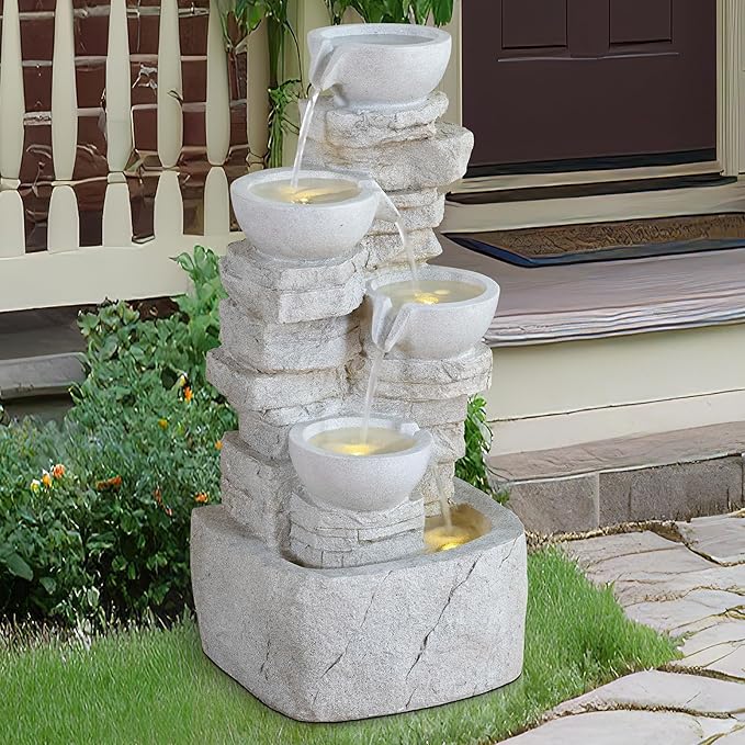 Qingyinge 27' H Modern Outdoor Fountain Resin Outdoor Garden Fountains with Contemporary Design LED Light for Garden, Patio, Deck, Porch, Backyard and Home Art Decor