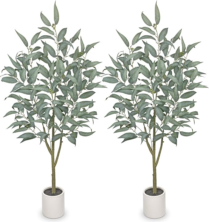 2 Packs Artificial Eucalyptus Tree in White Pot – 4FT Faux Indoor Plant for Home Décor, Modern Greenery for Living Room, Bedroom, Office – Realistic Silk Leaves, Minimalist Planter