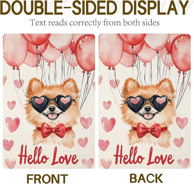 Valentine's Day Pomeranian Hello Love Garden Flag, House Yard Plaid Love Heart Outside Decoration, Spring Holiday Wedding Anniversary Outdoor Small Decor 12x18(12633)