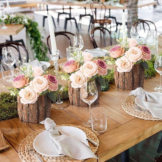 3 Pcs Wooden Vase for Centerpieces Woodland Table Decor Wooden Flower Vase Rustic Bark Stump Buckets Vintage Wood Planter Pots for Garden Party Wedding Window Home Farmhouse (Large)