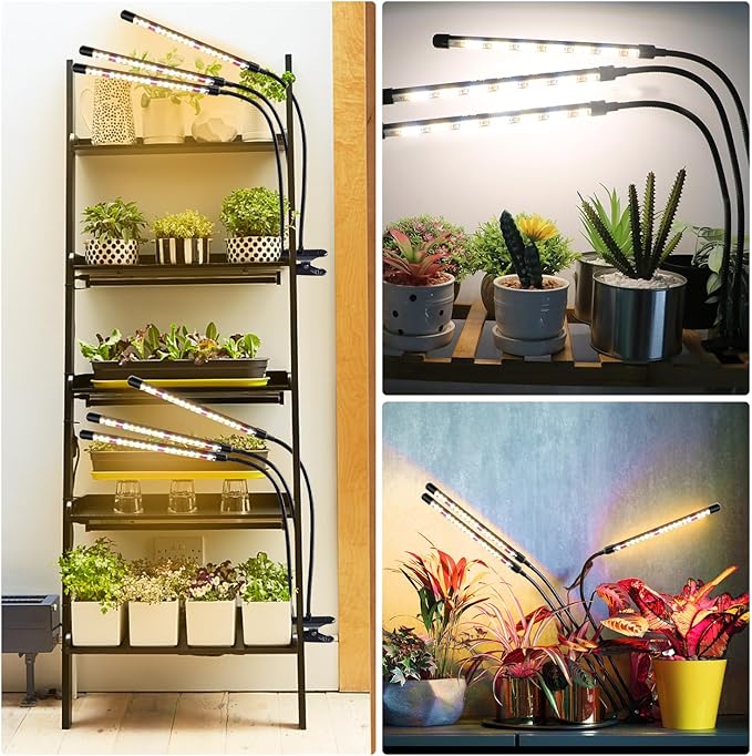 SDOVUERC 3head Plant Lights for Indoor Growing, Grow Light for Indoor Plants, Full Spectrum Growing Lamps with Clip, Auto ON & Off Timer 3/9/12H, 3 Switch Modes, 10-Level Dimmable Brightness