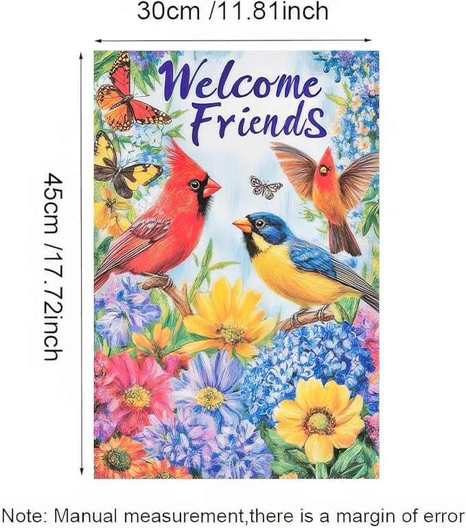 Spring Garden Flag Double Sided Garden Flag Birds Butterflies and Flowers Yard Flags Welcome Friends Design 12x18 Inch Polyester Yard Decoration for Outdoor Lawn and Patio