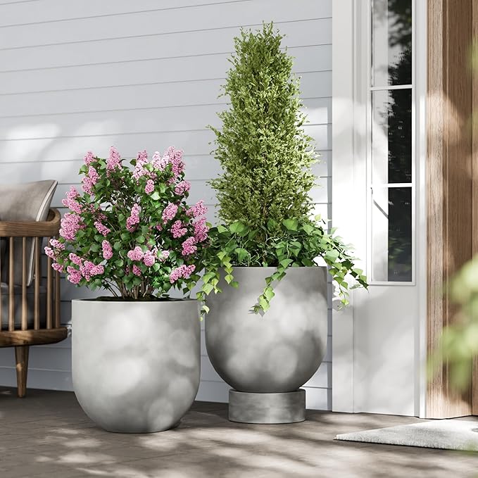 DTY Signature Mount Antero Modern Indoor Outdoor Fiberstone Bullet Shaped Planter, Durable Round Garden Pot, Weather Resistant, Drainage Hole & Rubber Plug - Small, Gray