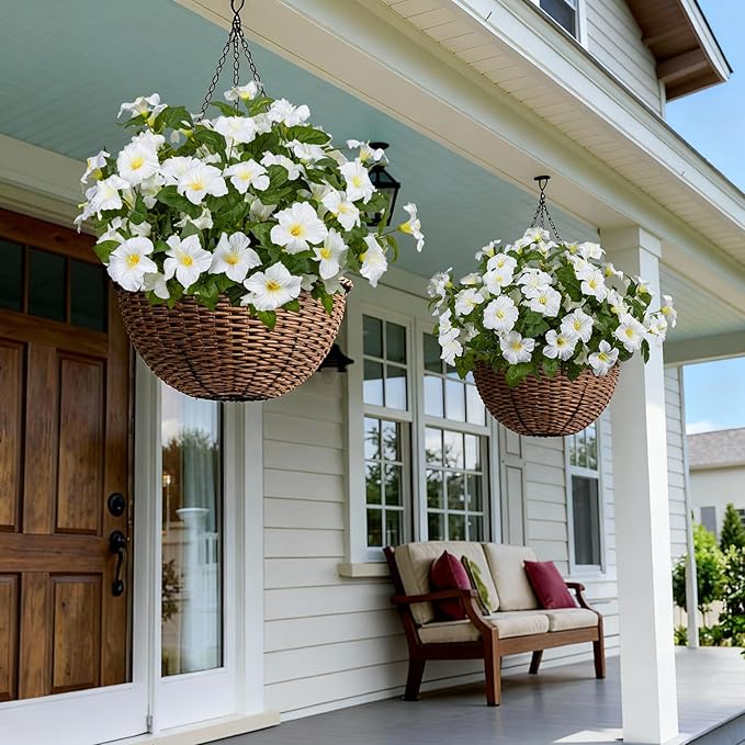 Brlita 19 Inch Artificial Fake Flowers for Outdoor,4 Pcs Faux Silk Petunias Spring Flowers for Outside for Indoor Porch Planter Front Door Garden Patio Window Box Home Decor(White)