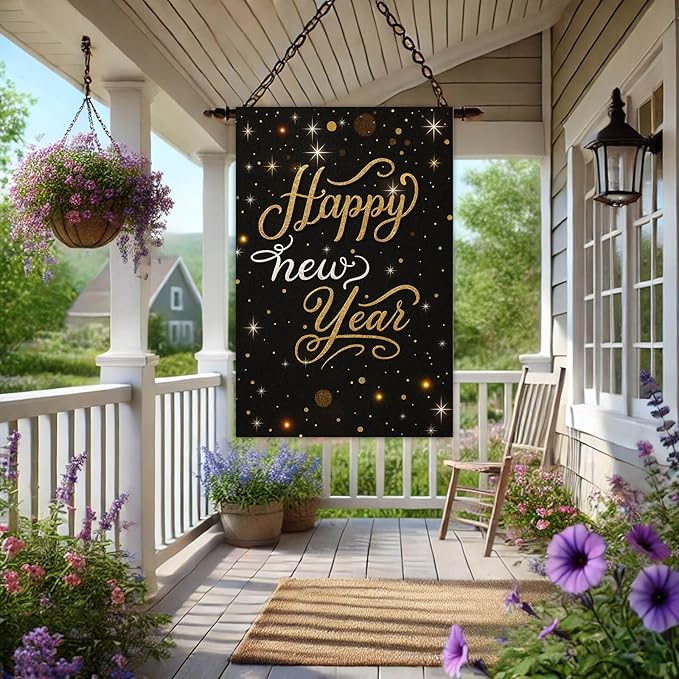Happy New Year House Flag 28x40 Inch Black and Gold Sparkle Design Garden Flag Outdoor Yard Decoration Elegant Holiday Celebration Banner for Home Porch Lawn