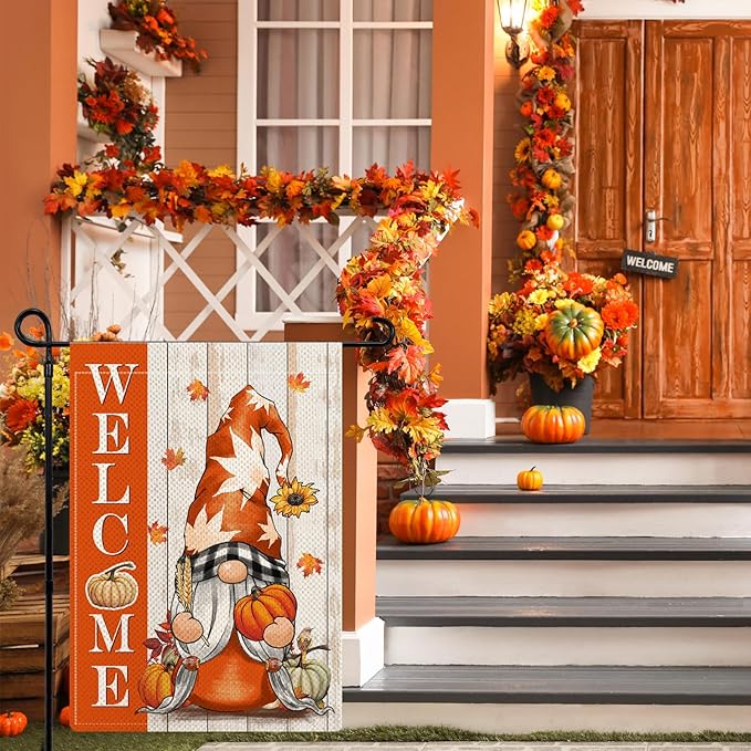 Gnome Fall Garden Flags for Outside, Welcome Fall Garden Flags 12x18 Double Sided, Rustic Pumpkin Gnome Small Holiday Lawn Flags, Autumn Harvest Gnomes Decorations for Yard Farmhouse