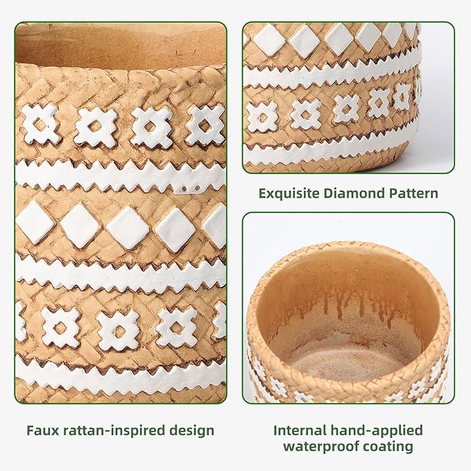 vomiceak Concrete Rattan-Style Plant Basket Planter, 5.3" Plant Pots Indoor Outdoor with Drainage Hole, Boho Flower Pot for Succulents, Herbs, Modern Farmhouse Decor, Ideal Gift for Plant Lovers
