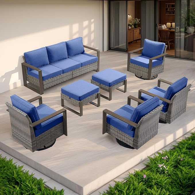 Rilyson Outdoor Ottoman Wicker Patio Footrest - 2 Piece Wicker Footrest Footstools Set with Sturdy Frame,All-Weather PE Wicker, Thick Cushions for Deck Porch Garden(Mixed Grey/Blue)