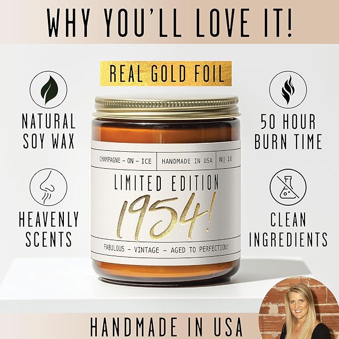 72nd Birthday Gifts for Women - 'Limited Edition 1954' Soy Candle, w/Champagne on Ice I 72nd Birthday Gift for Her Ideas I 9oz Reusable Jar, 50Hr Burn, Made in USA