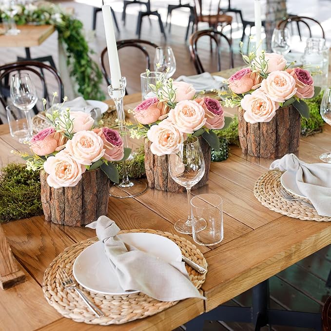 6 Pcs Wooden Vase for Centerpieces Woodland Table Decor Wooden Flower Vase Rustic Bark Stump Buckets Vintage Wood Planter Pots for Garden Party Wedding Window Home Farmhouse (Large)