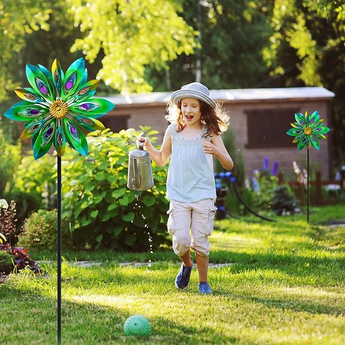 VEWOSTAR 53 Inch Wind Spinner - Outdoor Metal Peacock Wind Sculptures for Garden, Patio, Yard, Lawn Decorations Double Windmill Spinner