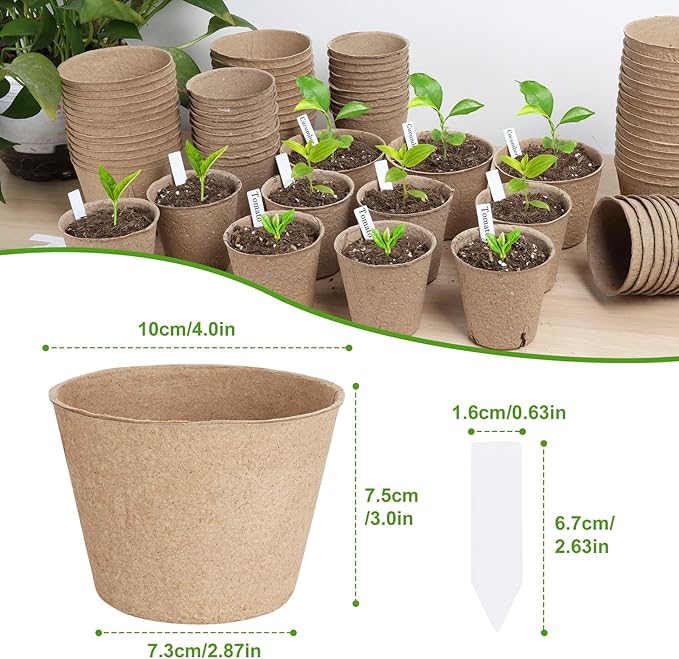ModaSin 65 Pcs Organic Peat Pots, 4 Inch Nursery Pot Set, Round Plant Seedling Pots with Drainage Holes, Small Seed Starting Starter Tray Bulk, Garden Germination Container with 65 Plant Labels