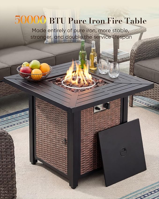 Belord Upgraded 6“ Cushion Luxury 7 Piece Patio Furniture Set with Fire Pit Table - Outdoor Furniture Set with High Back Swivel Rocker Patio Chairs, Conversation Set for Deck Porch Yard - Brown/Grey