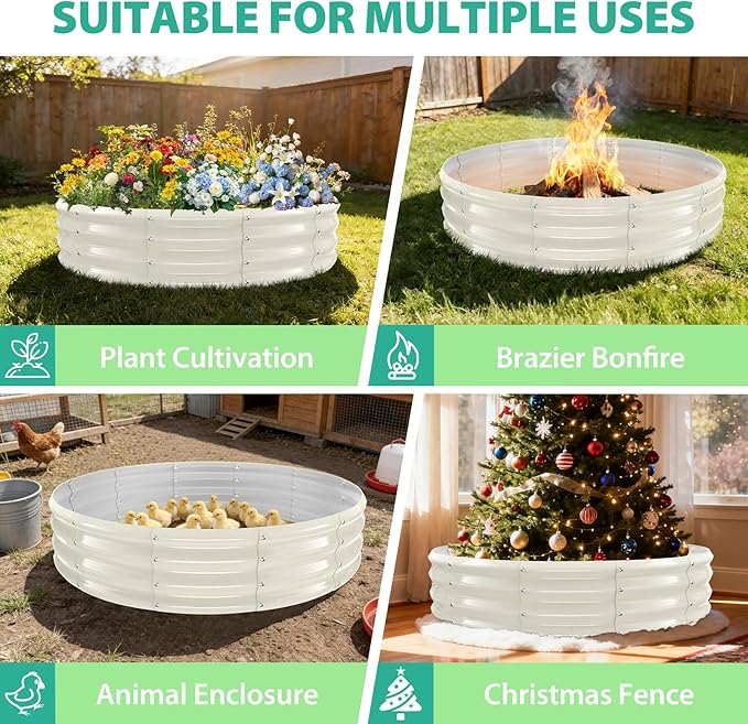 5FT Diameter Galvanized Garden Raised Bed/Plant Box/Fire Pit Ring - 0.8mm Thick,12 Inch Tall,Perfect for Planting a Variety of Flowers,Herbs,Vegetables (Cream White, 60 Dia X 12 inches)