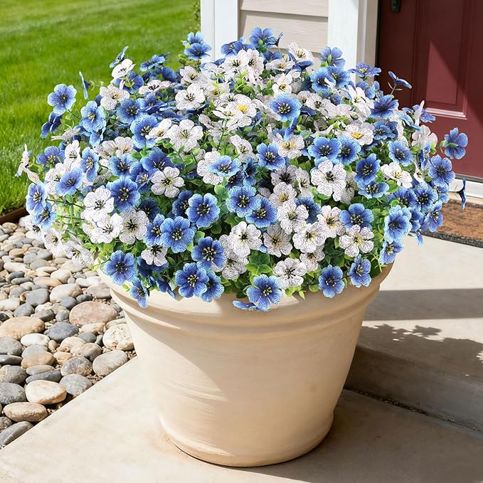 16 Bundles Artificial Flowers for Outdoors, Realistic Fake Silk Flowers for Outside, No Fade Faux Eucalyptus Plants for Outdoor Planter, Window Box, Hanging Basket - Porch Patio Garden Decor