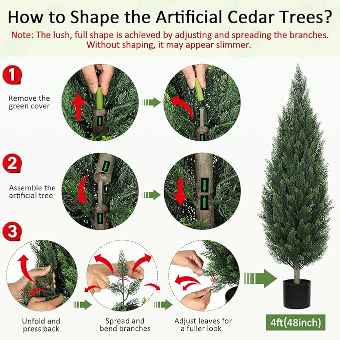 Artificial Cedar Trees Outdoors 4FT - UV Resistant Indoor Faux Topiary Trees, Realistic Potted Cypress Plants for Outside Planter, Fake Shrubs for Home Entrance Patio Front Porch Decor, Set of 2