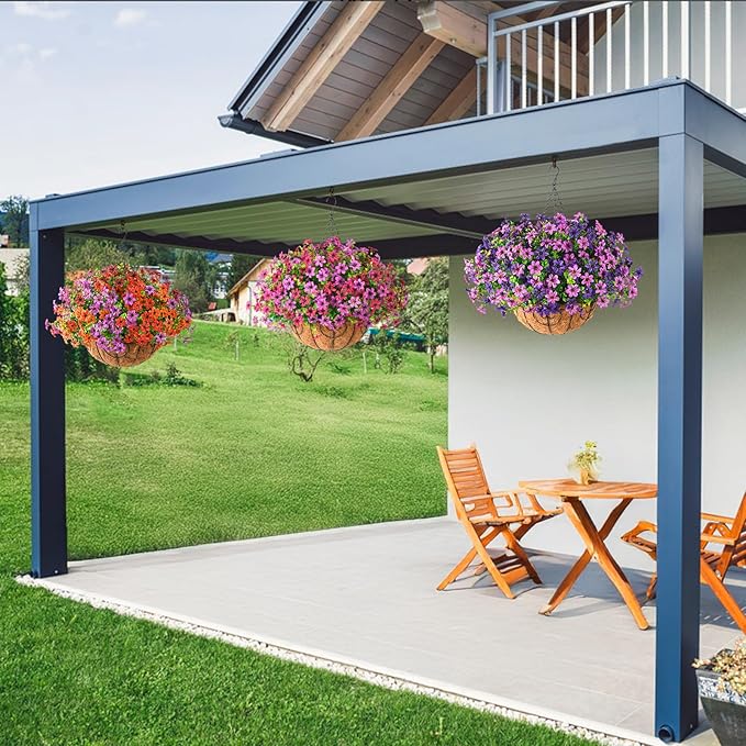 INQCMY Artificial Flowers Hanging Baskets for Outdoors Spring Decor, 12 Bundles Fake Plants Faux Silk Daisy with Eucalyptus Stem UV Resistant for Outside Patio Balcony Garden(Purple Fuchsia)