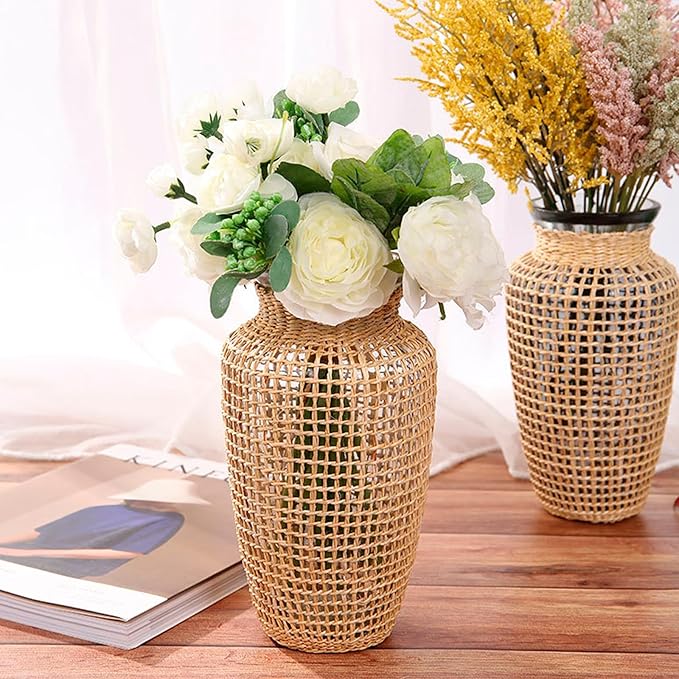 MDEOOSKY Straw Woven Glass Vase 7.9''x2.36''x3.5''Boho Glass Flower Vase Country Rustic Style Vase Glass Vase for Floral Arrangements Bottle Height (A Style 7.9IN)