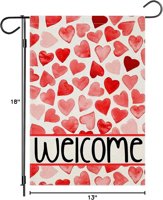 Welcome Love Hearts Garden Flags for Outside Decoration, Valentines Love Hearts Small Yard Flag, Anniversary Wedding Seasonal Farmhouse Holiday Outdoor Decor 12x18 Inch Vertical Double Sided