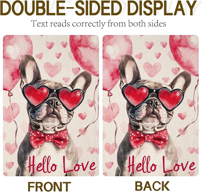 Valentine's Day French Bulldog Hello Love Garden Flag, House Yard Plaid Love Heart Outside Decoration, Spring Holiday Wedding Anniversary Outdoor Small Decor 12x18(12625)