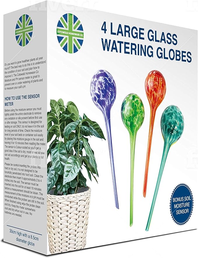 Cotswold Homeware Co Plant Watering Globes - Plant Watering Devices - Plant Watering Bulbs - Self Watering Spikes -Decorative Hand Blown Glass - Watering Bulbs - Free Moisture Meter 4 Large Size