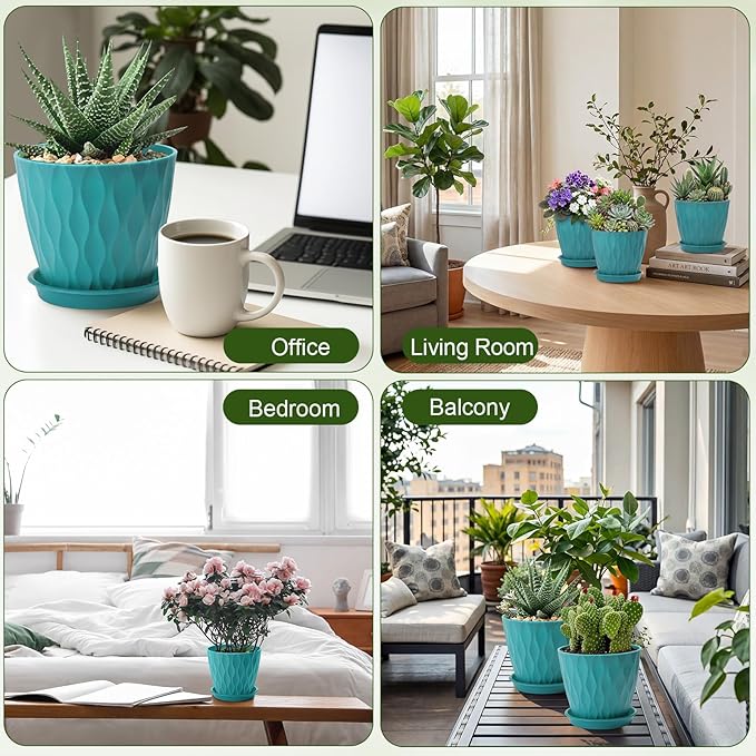 Acellegic 24 Pack 4 Inch Small Pots for Succulents, Waffle Texture Pots with Tray, Plastic Planter with Drainage Holes and Saucers, for Indoor Outdoor Plants Flowers, Seedlings (Lake Green)