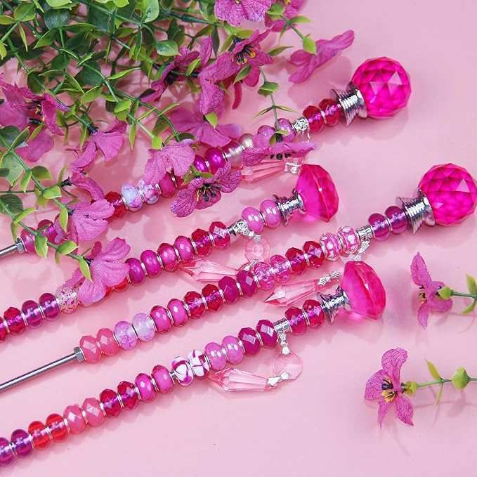 121 Pcs DIY Fairy Wand Beaded Garden Stakes Kit, Fairy Wands Garden Kit Rose Red Large Hole Bead with Pendants Crystal Stopper Top Threaded Rod Beaded Garden Stakes Supplies for Outdoor Decorative