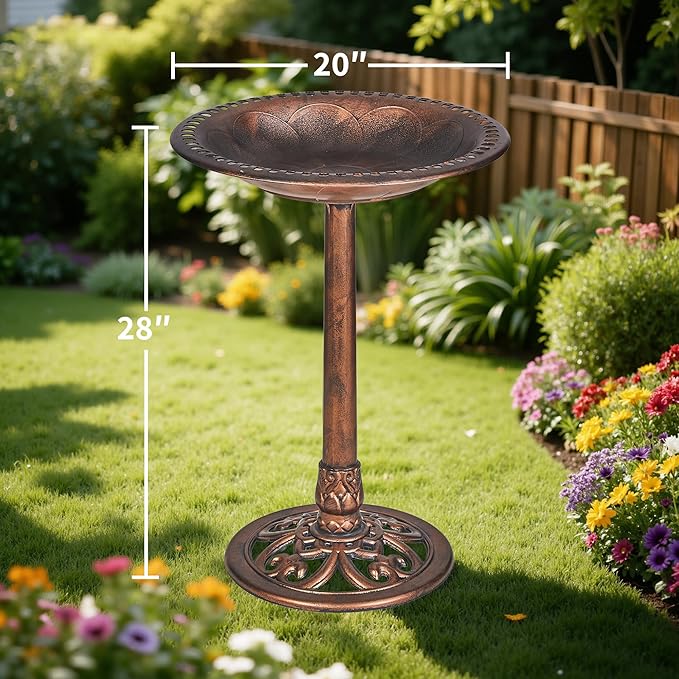 VECELO 28" Pedestal Outdoor Bird Bath with Solar Powered Fountain for Outside, Vintage Bronze Polyresin Lightweight Antique, Yard/Garden Decoration, Bronze