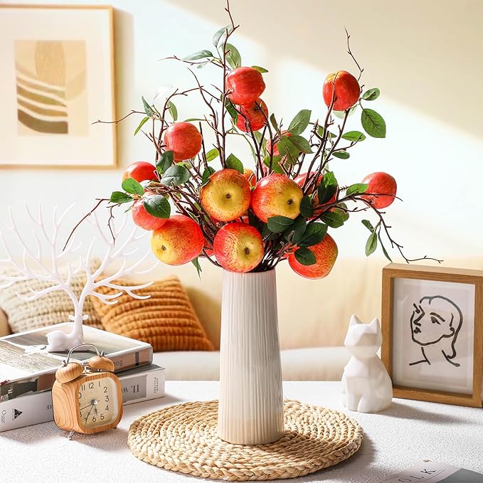 10 Pcs 17.72 Inches Artificial Fake Apple Branches Realistic Tall Apple Bouquets Tree Branch with Long Stem and Green Leaves Fruit Plant for Home Office Vase Filler Shop Decoration
