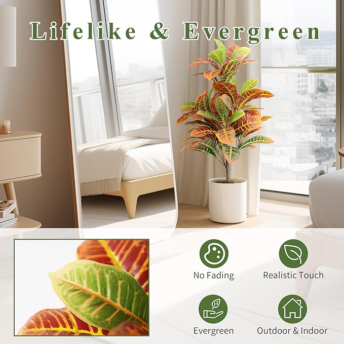 35inch Artificial Croton Plant with Ground Spike, 2 Pack Artificial Plants Outdoors Front Porch, Lifelike Faux Fiddle Leaf Fig Tree for Home Garden Yard Decor