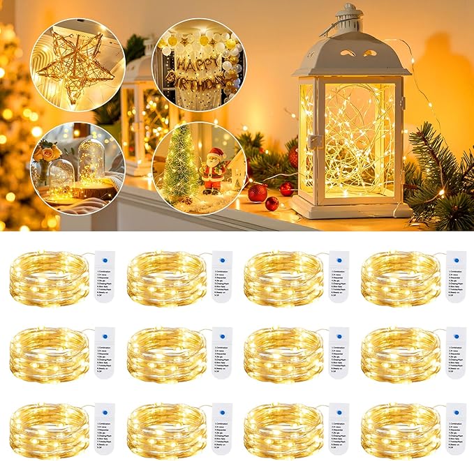 Minetom 12 Pack Fairy Lights Battery Operated String Lights 8 Modes, 7ft 20LED Warm White Waterproof Silver Wire Twinkle Lights, Firefly Starry Moon Lights for Mason Jars DIY Christmas Wedding Party