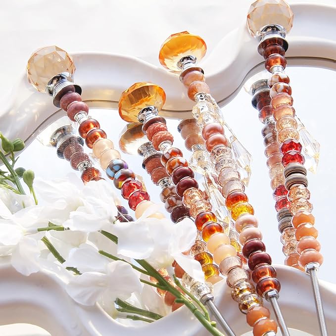121 Pcs DIY Fairy Wand Beaded Garden Stakes Kit, Fairy Wands Garden Kit Champagne Large Hole Bead with Pendants Crystal Stopper Top Threaded Rod Beaded Garden Stakes Supplies For Outdoor Decorative