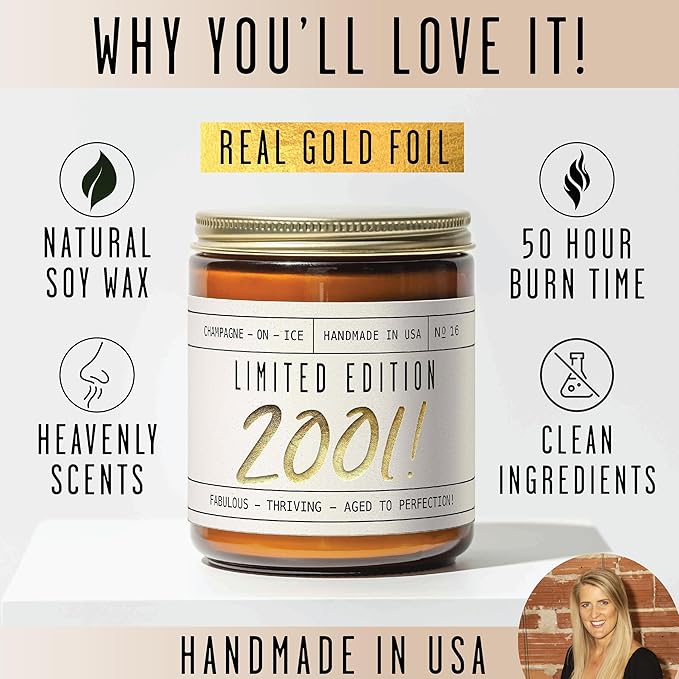 25th Birthday Gifts for Women - 'Limited Edition 2001' Soy Candle, w/Champagne on Ice I 25th Birthday Gift for Her Ideas I 9oz Reusable Jar, 50Hr Burn, Made in USA