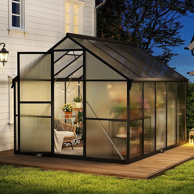 8x10FT Greenhouse for Outdoors, Galvanized Steel Frame Winter Green House w/ Adjustable Roof Vent, Lockable Door Handle &DrainageSystem, Walk-in Greenhouses for Outside Garden Backyard