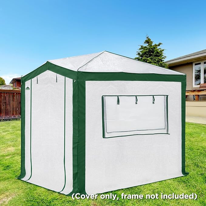 EAGLE PEAK Replacement Cover for 8x6 Pop up Greenhouse with Polyester Reinforced Corners, Front and Rear Roll-Up Zipper Entry Doors and 2 Roll-Up Side Windows (Frame Not Included), Green/White
