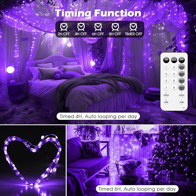 Fairy Lights 66ft 200 LED USB Twinkle String Lights Plug in Silver Wire Lights with Remote and Timer 8 Modes Outdoor Waterproof Starry Lights DIY Party Wedding Christmas Decoration(Purple)