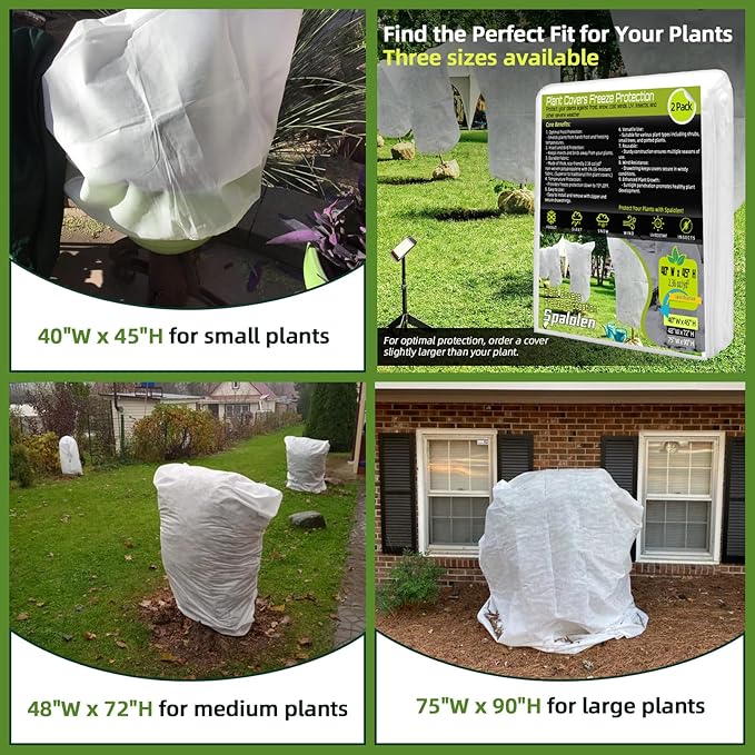 2 Pack Plant Covers Freeze Protection, 40"W x 45"H Winter Frost Blanket 2.36 oz/yd² Fabric Frost Cloth Tree Covers Shrub Jacket Bag with Zipper & Drawstring for Plants Fruit Tree Shrub Potted - White