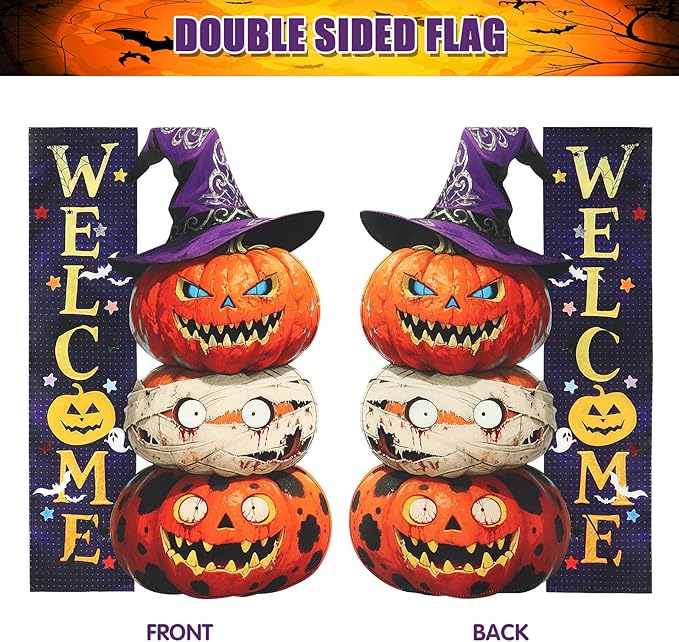 Halloween Pumpkin Monster Garden Flags 12x18 Inch Double Sided, Welcome Funny Small Yard Flags for Outside, Farmhouse Front Porch Outdoor Fall Decor Holiday All Seasons Decoration