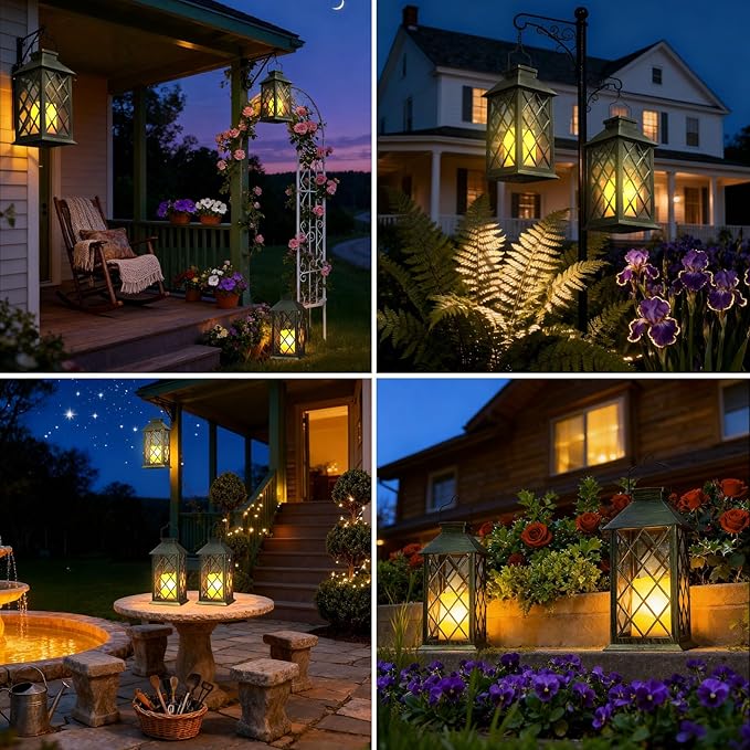 Otdair Solar Lanterns Outdoor Waterproof with Hook, 2 Pack 14" Solar Lantern with Glass Retro LED Flickering Flameless Candle,Lanterns Decorative Outdoor for Gift, Yard, Garden, Patio, Bronzen