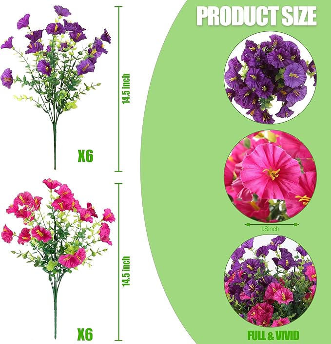 Artificial Flowers for Outdoors 12 Bundles Realistic Faux Plants UV Resistant Fake Silk Morning Glory with Eucalyptus for Front Door Planter Patio Porch Spring Summer Decoration (2 Mixed Color)