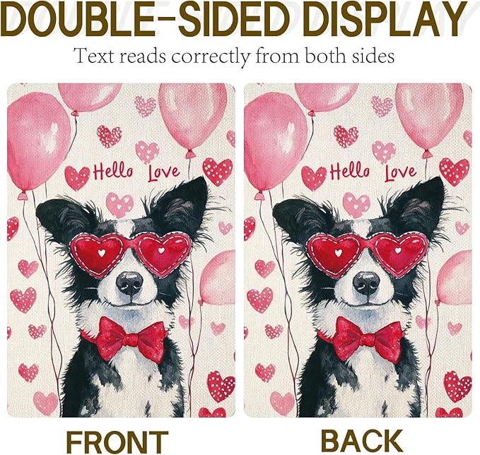 Valentine's Day Border Collie Hello Love Garden Flag, House Yard Plaid Love Heart Outside Decoration, Spring Holiday Wedding Anniversary Outdoor Small Decor 12x18(12622)