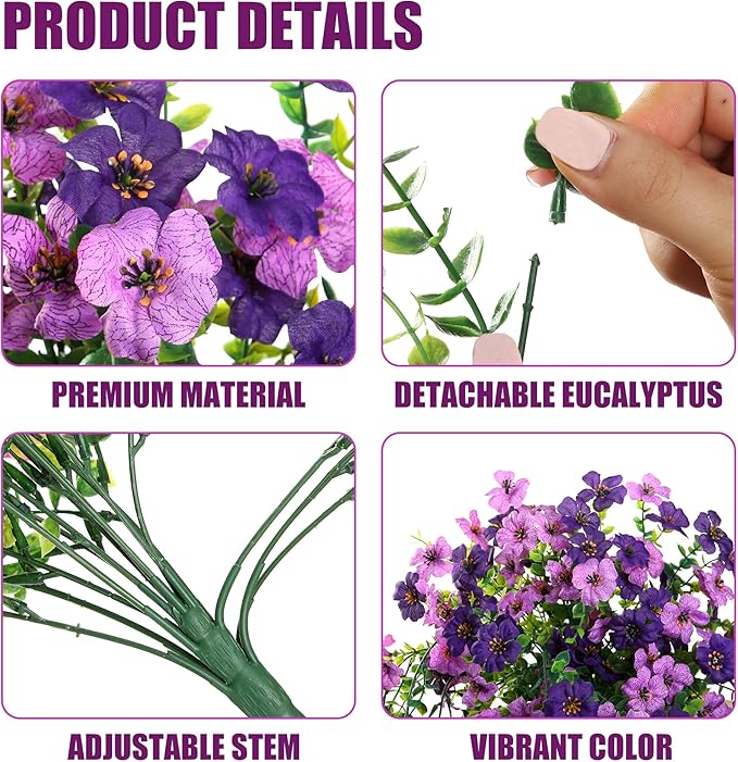 Artificial Fake Hanging Flowers Plants for Outdoor Outside Spring Summer Decoration 2PCS Faux Silk UV Resistant Realistic Mums Daisy with Eucalyptus for Home Porch Patio Balcony(Purple & Magenta)