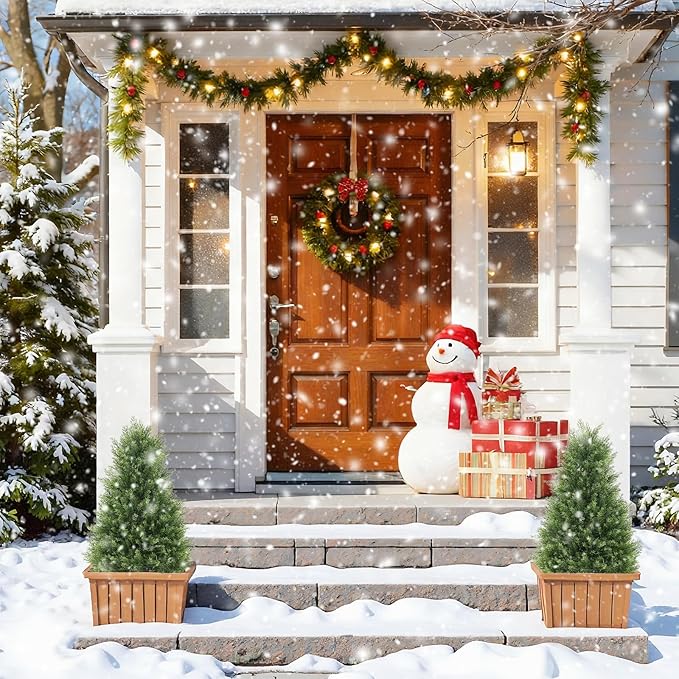 Azoco Artificial Cedar Topiary Trees Set of 2, 30'' UV Resistant Faux Cypress Pine Plants Outdoor, 2.5ft Large Realistic Faux Evergreen Cone Bushes & Shrubs for Front Porch Planter Christmas Decor