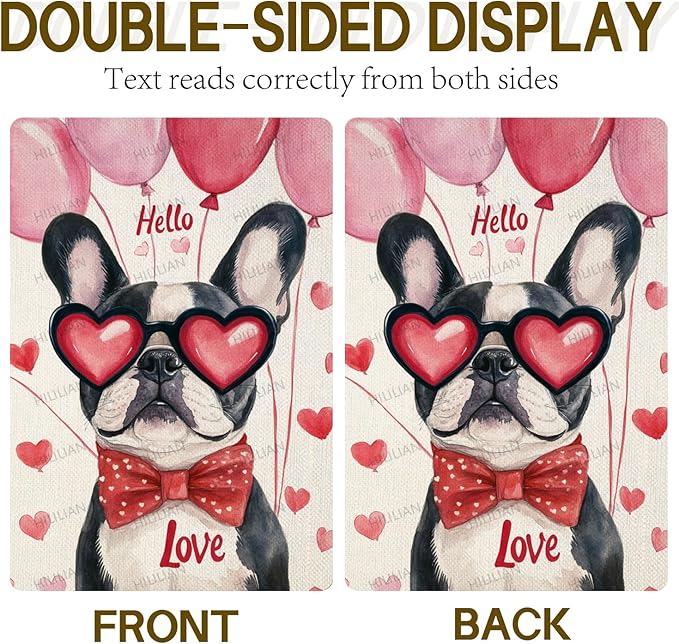 Valentine's Day Bulldog Hello Love Garden Flag, House Yard Plaid Love Heart Outside Decoration, Spring Holiday Wedding Anniversary Outdoor Small Decor 12x18(12637)