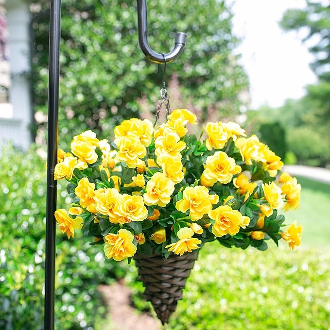 Ivydale Artificial Fake Flowers Plants for Outdoor Outside Spring Decor, Faux Silk Yellow Camellia UV Resistant Look Real for Planter Pot Porch Patio Balcony Garden Yard, 3 Large Bundles
