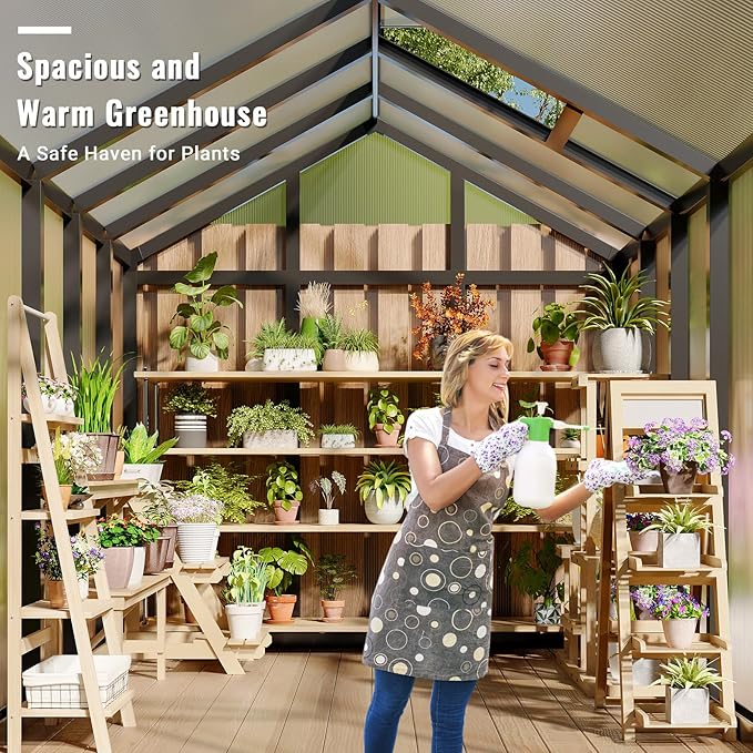 6X8FT Outdoor Greenhouse, Aluminum Polycarbonate Green House, Green Houses for Outside with Sliding Doors, Ajustable Roof Vent, Withstands Bad Weather for Garden, or Backyard, Black